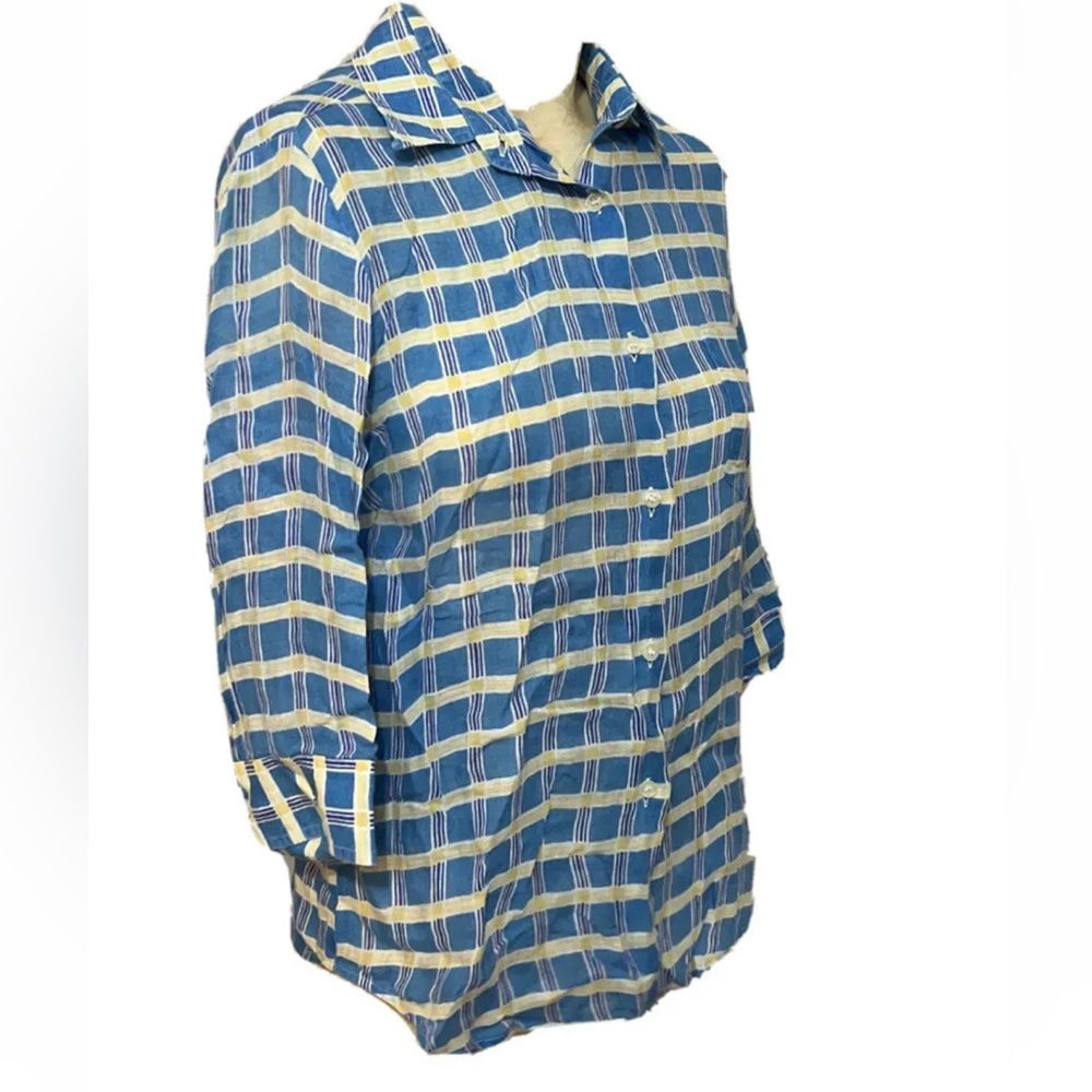Maria Luisa B Woman’s Button Up Top  IT 46 Check Half Sleeve Blue Yellow Shi